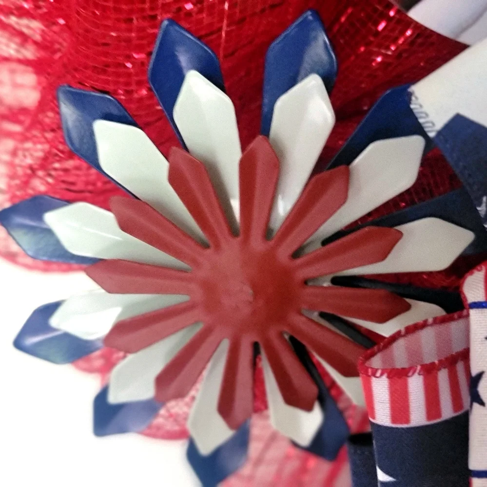 Fourth of July Patriotic Wreath Tin Eagle Fireworks Deco Mesh Bow